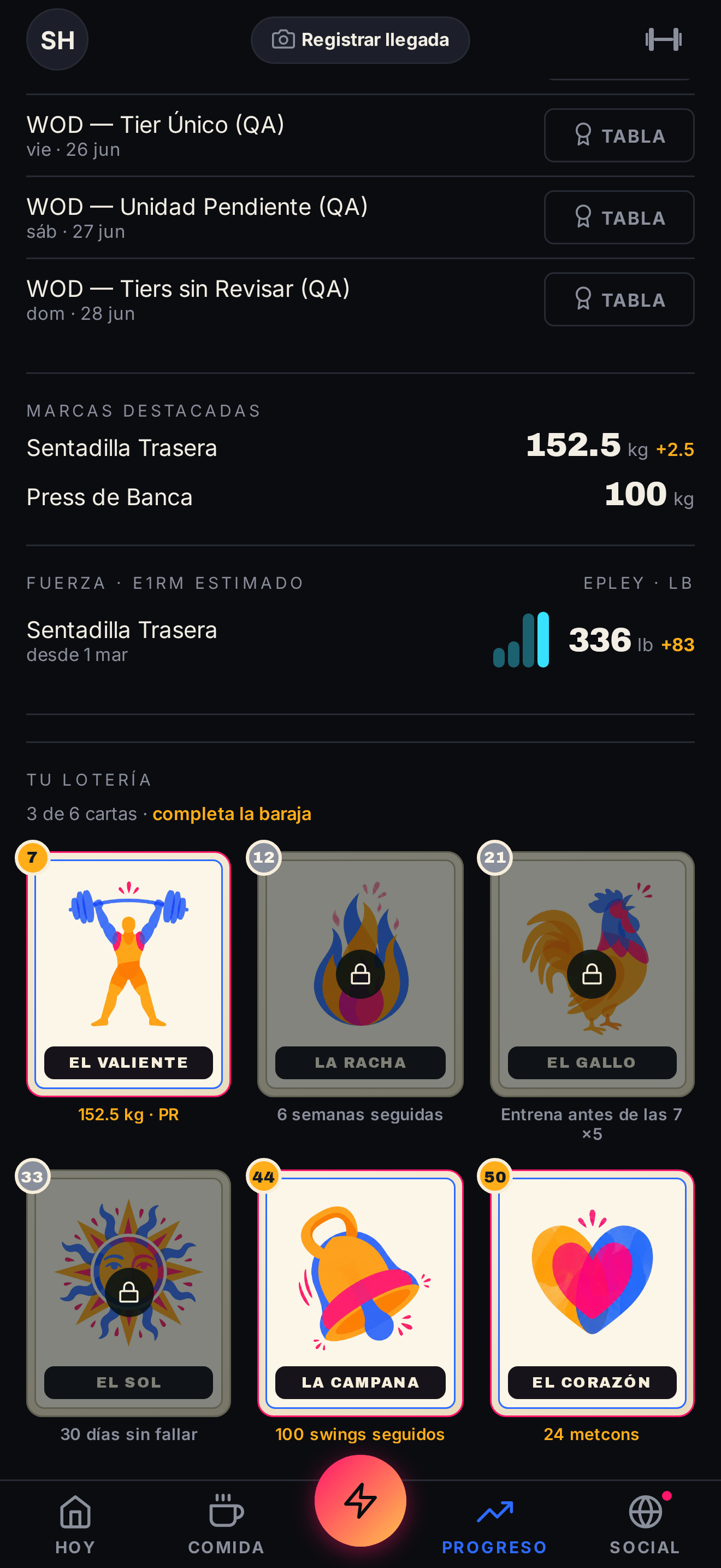 Perfil con la lotería de logros: cartas por lo que ya hiciste.